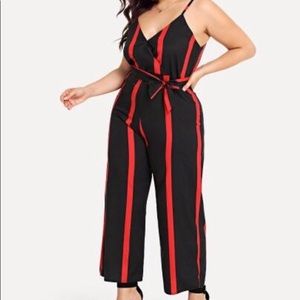 Plus Size Self Tie Waist Striped Jumpsuit